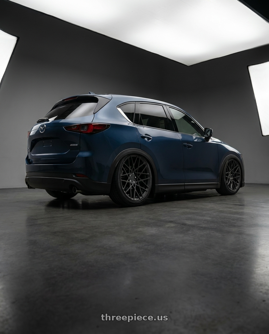 2025 Mazda Cx 5 with Rotiform 1PC R112 BLQ 5X114.3 19X8.5 +38 MATTE BLACK wheels rear three quarter view slight stretch tires
