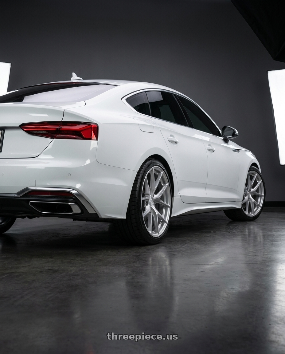 2023 Audi a5 s line with Aodhan AFF7 5x112 19x8.5+35 Gloss Silver Machined Face wheels rear three quarter view square tires