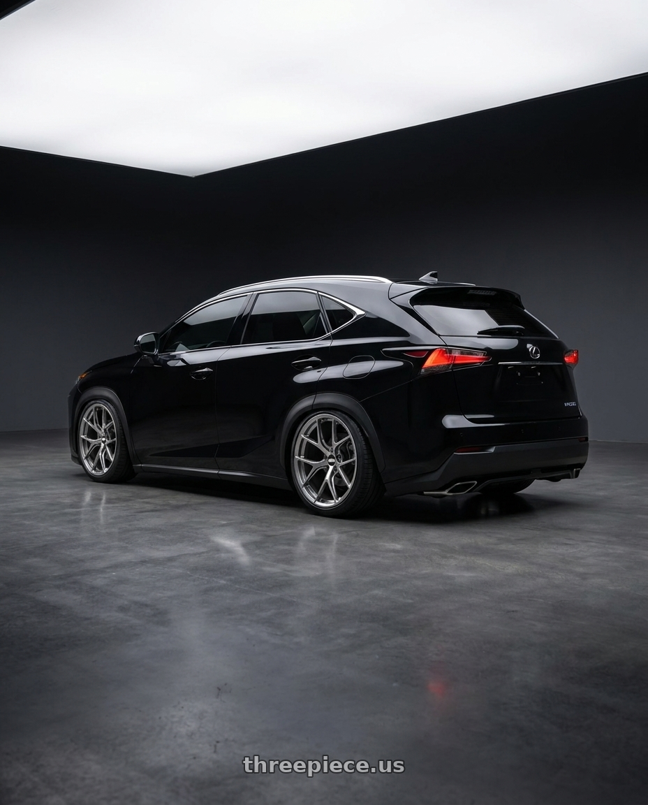 2019 Lexus nx200 with BBS FI-R Evo CL 21x12.0+45 Platinum Silver wheels rear three quarter view square tires