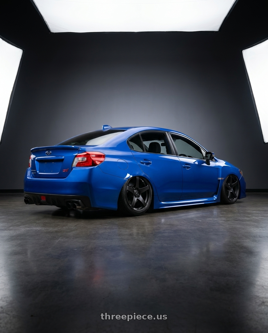 2013 Subaru WRX STI with Ssr Gtv01 5x114.3 18x8+35  FLAT BLACK wheels rear three quarter view slight stretch tires