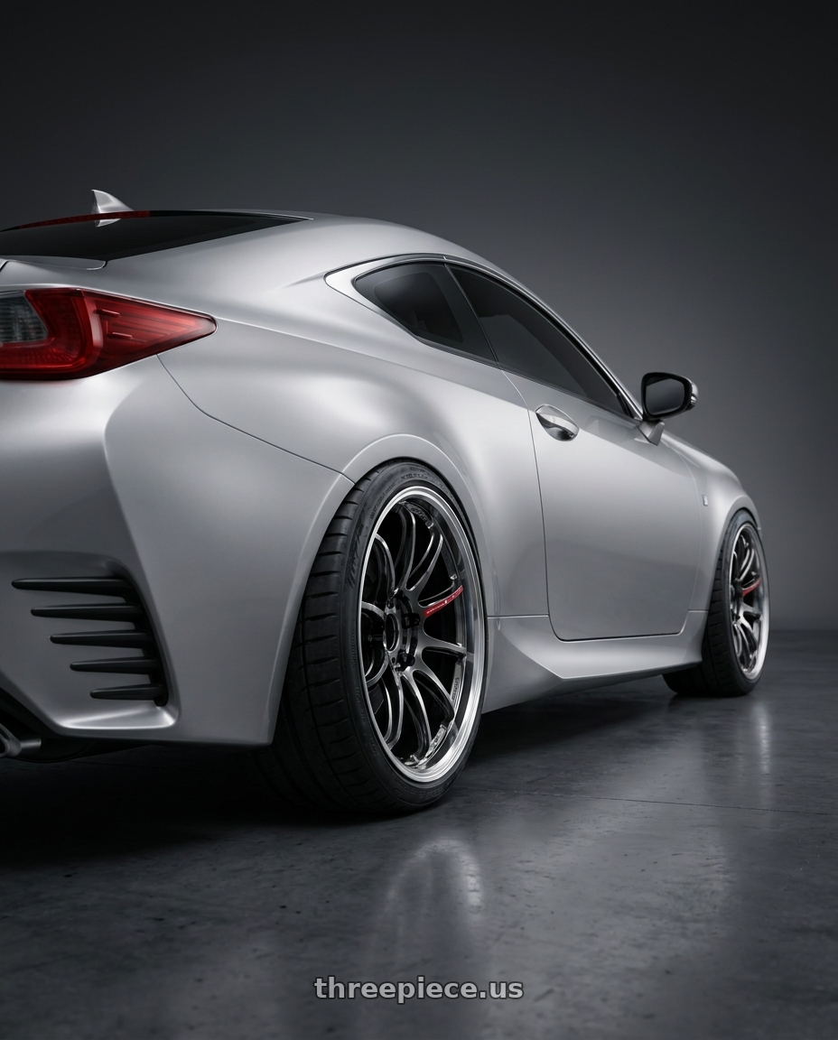2016 Lexus RC 350 F Sport with Work Emotion Zr10 5x100 18x10.5 +22 Glim Black Diamond Rim cut wheels rear three quarter view meaty tires