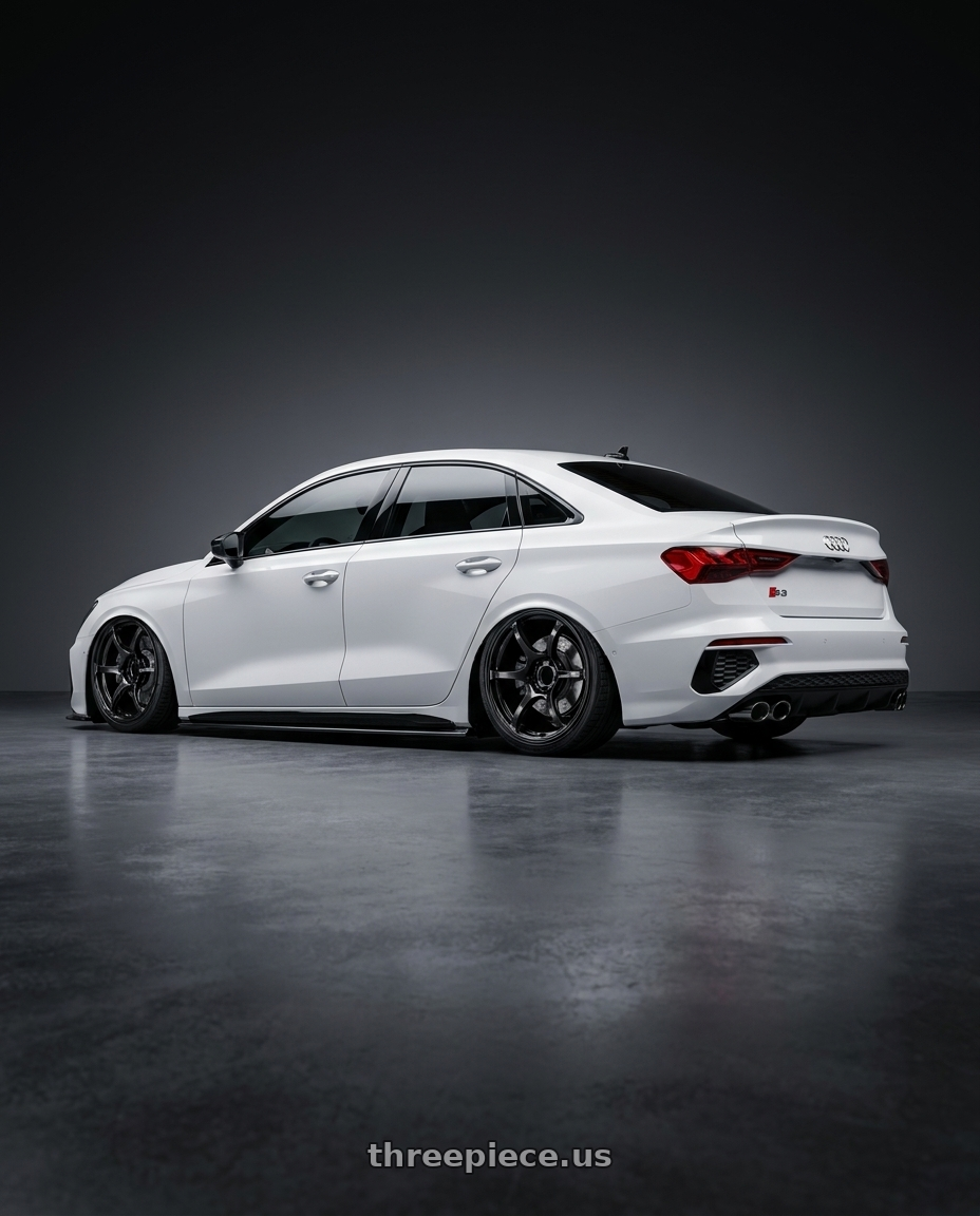 2024 Audi S3 8Y with Advan RGIII 5x112 19x8.5+45 Gloss Black wheels rear three quarter view slight stretch tires