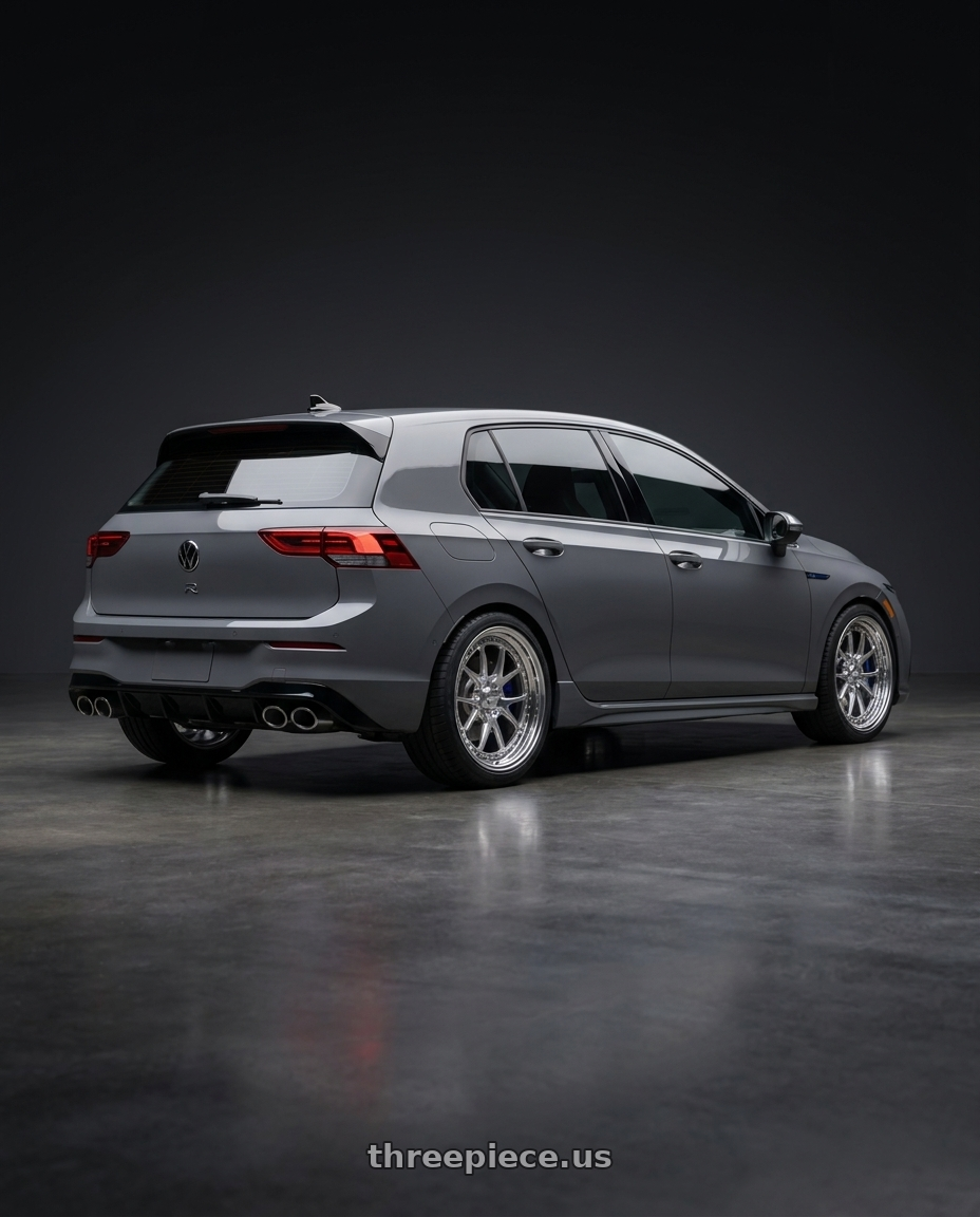 2026 Volkswagen Golf R Graphite with CCW CZ05 5x112 18x8.5 +45 Polished wheels rear three quarter view square tires