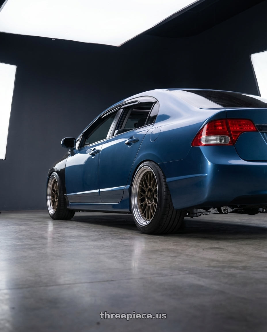 2009 honda civic si with Volk Racing 21A SPEC-SR 5x114.3 18x10.5 +15 SHINING BRONZE METAL / RIM DC wheels rear three quarter view meaty tires