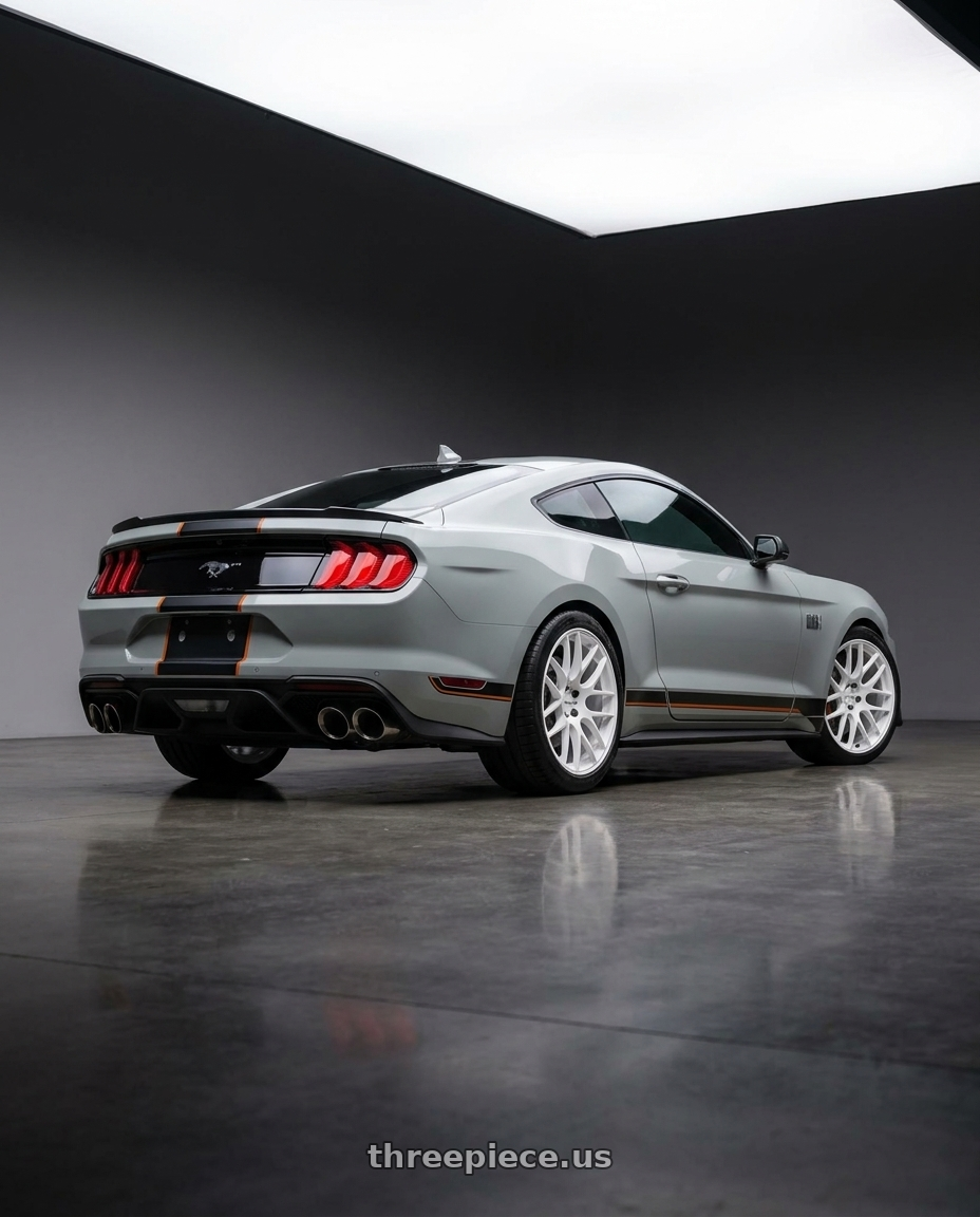 2021 Ford Mustang Mach 1 with Work Emotion m8r 5x114.3 19x8.5 +30 White wheels rear three quarter view square tires