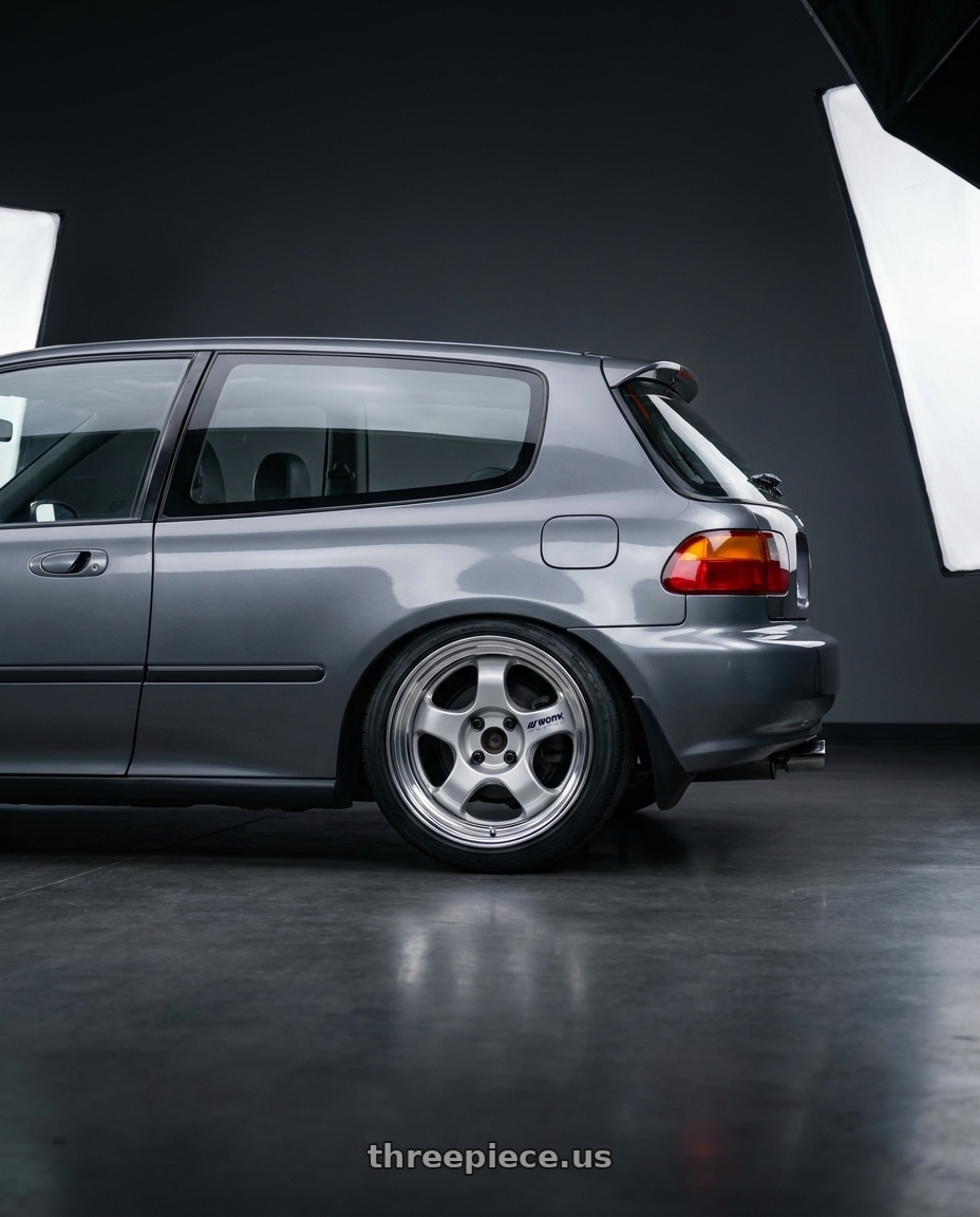 1992 Honda Civic SI with Work Meister S1 2P 4x100 15x8.5+45 O Disk Silver wheels rear three quarter view square tires