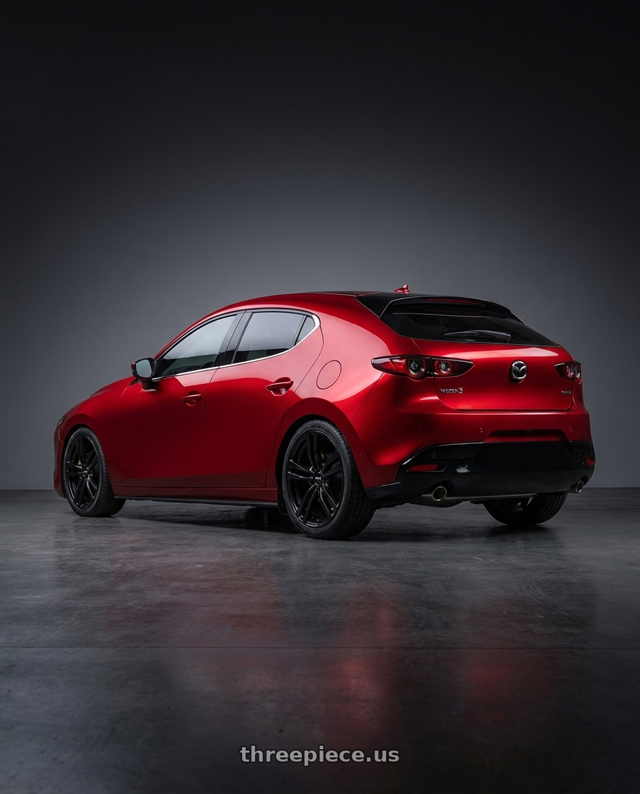 2024 Mazda 3 with RTX Graz 5x112 19x8.5 +35 Satin Black wheels rear three quarter view square tires