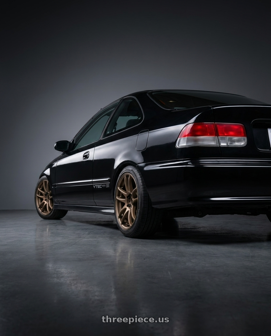 2000 Honda Civic SI with Work Emotion Cr Kiwami 4x100 17x7 +38 Matte Bronze wheels rear three quarter view square tires