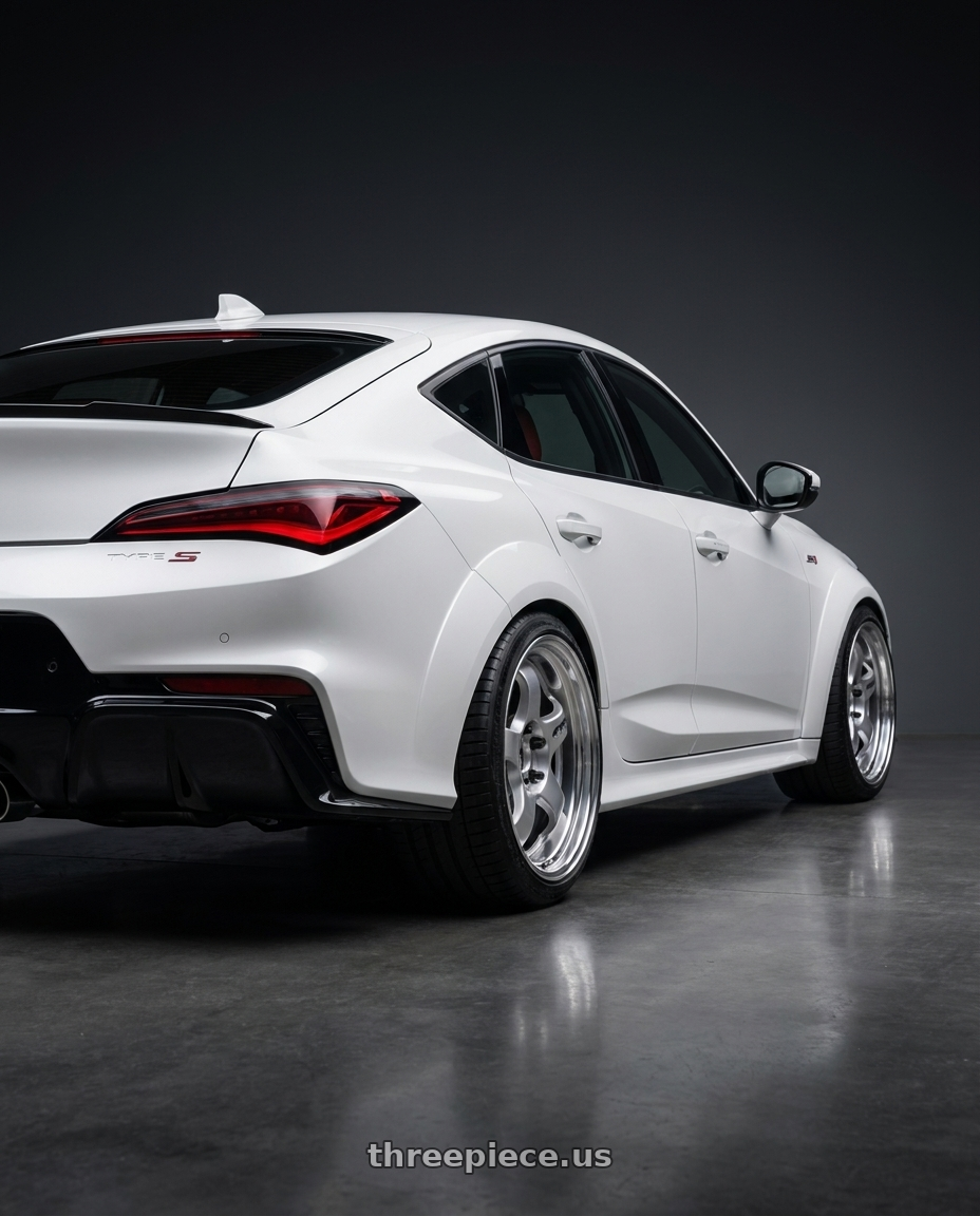 2025 Acura Integra Type S with Work Meister S1 2P 5x114.3 15x9.5+38 O Disk Silver wheels rear three quarter view square tires