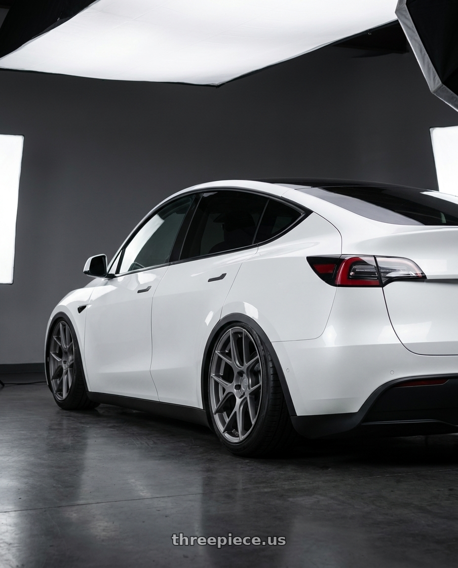 2024 Tesla Model Y with Aodhan AFF2 5x114.3 20x9+32 Matte Gray wheels rear three quarter view slight stretch tires