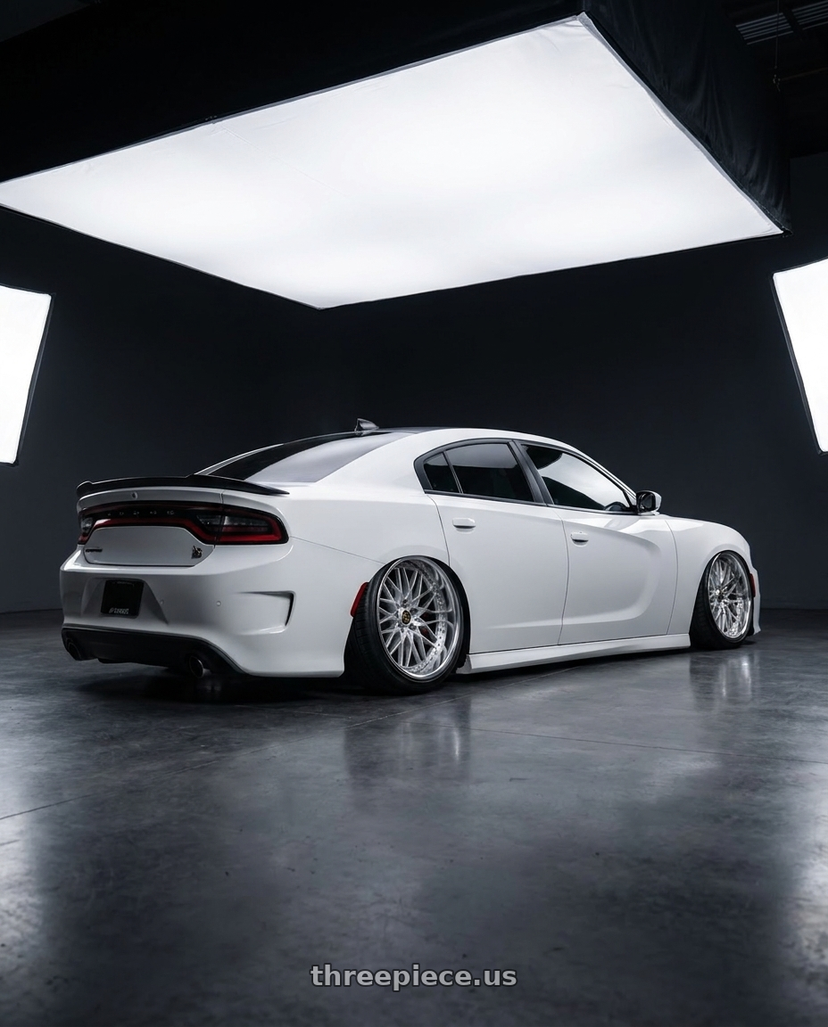 2021 Dodge Charger ScatPack with Work Vs-Xv 5x115 20x10+15 A Disk Silky Rich Silver wheels rear three quarter view extreme stretch tires