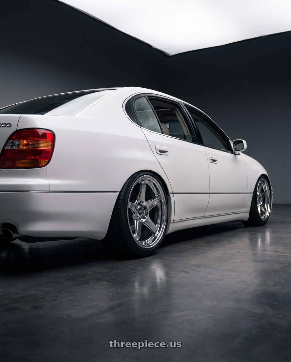 2002 lexus gs300 base with ESR Wheels APX5C 5x114.3 18x8.5 +35 Chrome wheels rear three quarter view slight stretch tires