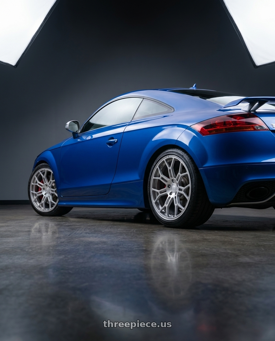 2014 audi tt rs blue with Motegi MR130 TECHNO MESH 5X120 19X8.5 +30 SILVER wheels rear three quarter view square tires