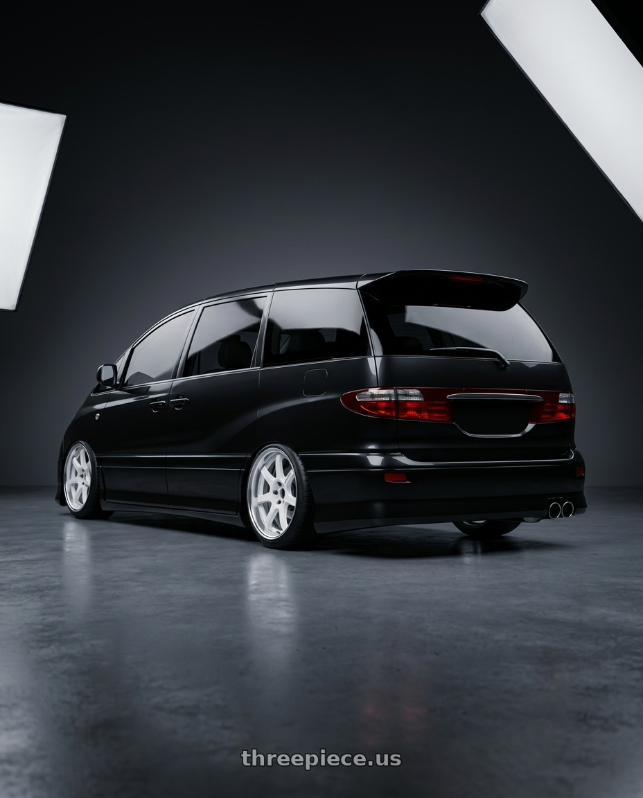 2000 estima acr30w with Work T7r 2P 5x114.3 19x8.0 +38 WHITE wheels rear three quarter view slight stretch tires