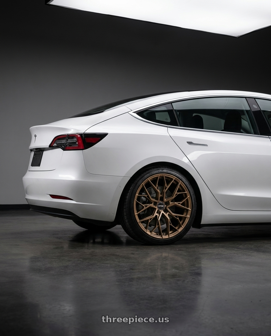 2020 TESLA MODEL 3 with F1R FS3 5x114 18x9.5 +38 Matte Bronze wheels rear three quarter view square tires