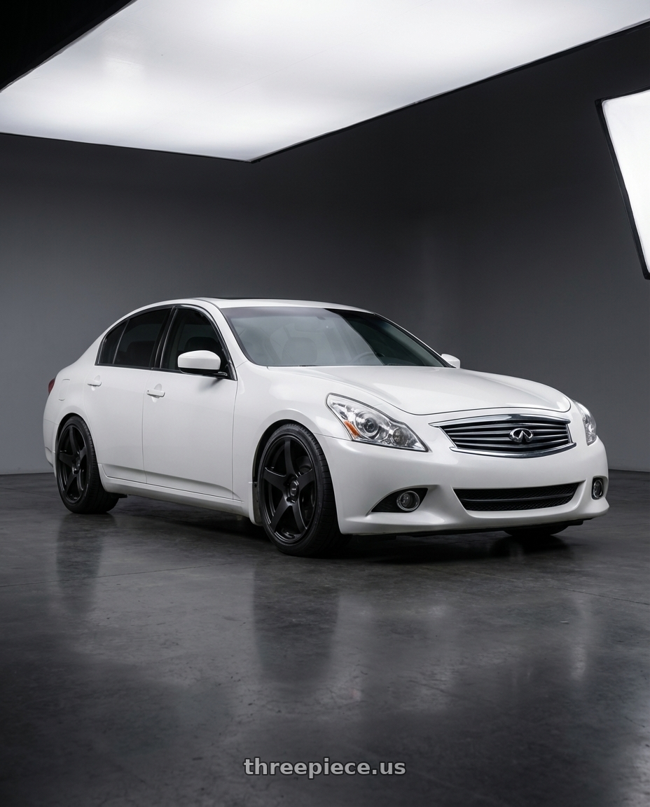 2012 Infiniti G37 with Ssr Gtv01 5x114.3 19x8.5+38  FLAT BLACK wheels front three quarter view lowered stance