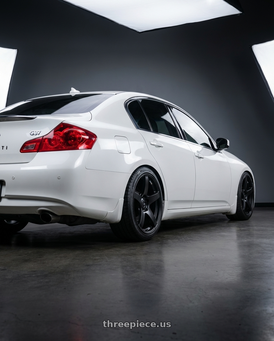 2012 Infiniti G37 with Ssr Gtv01 5x114.3 19x8.5+38  FLAT BLACK wheels rear three quarter view square tires