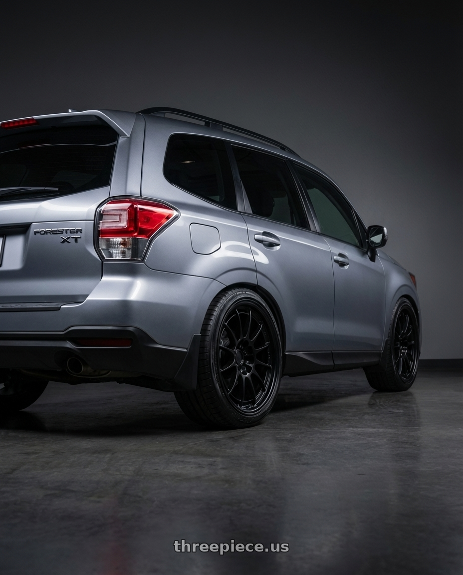 2017 subaru forester xt 2.0 touring metallic grey with Enkei NT03+M 5x100 18x9.5+40 Black wheels rear three quarter view slight stretch tires