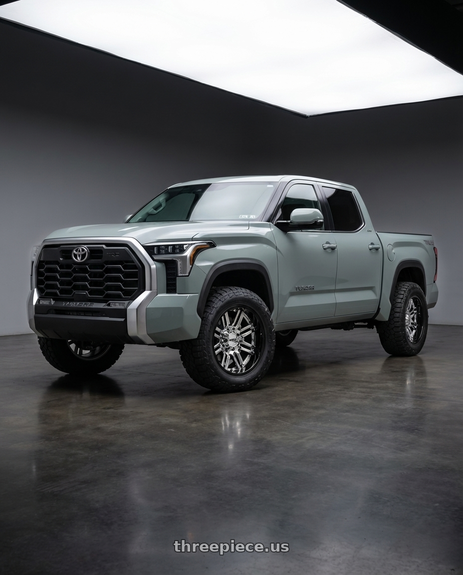 2024 Toyota Tundra with Moto Metal MO202 6X139.7 20X10 -18 CHROME CENTER GLOSS BLACK MILLED LIP wheels