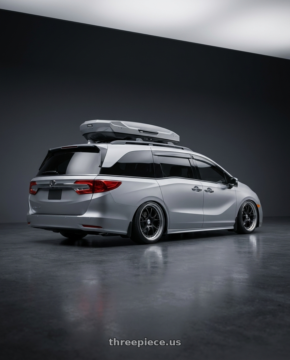 2024 Honda Odyssey with SSR Professor MS3 5x120 20x8+37 NR Disk Flat Black wheels rear three quarter view slight stretch tires