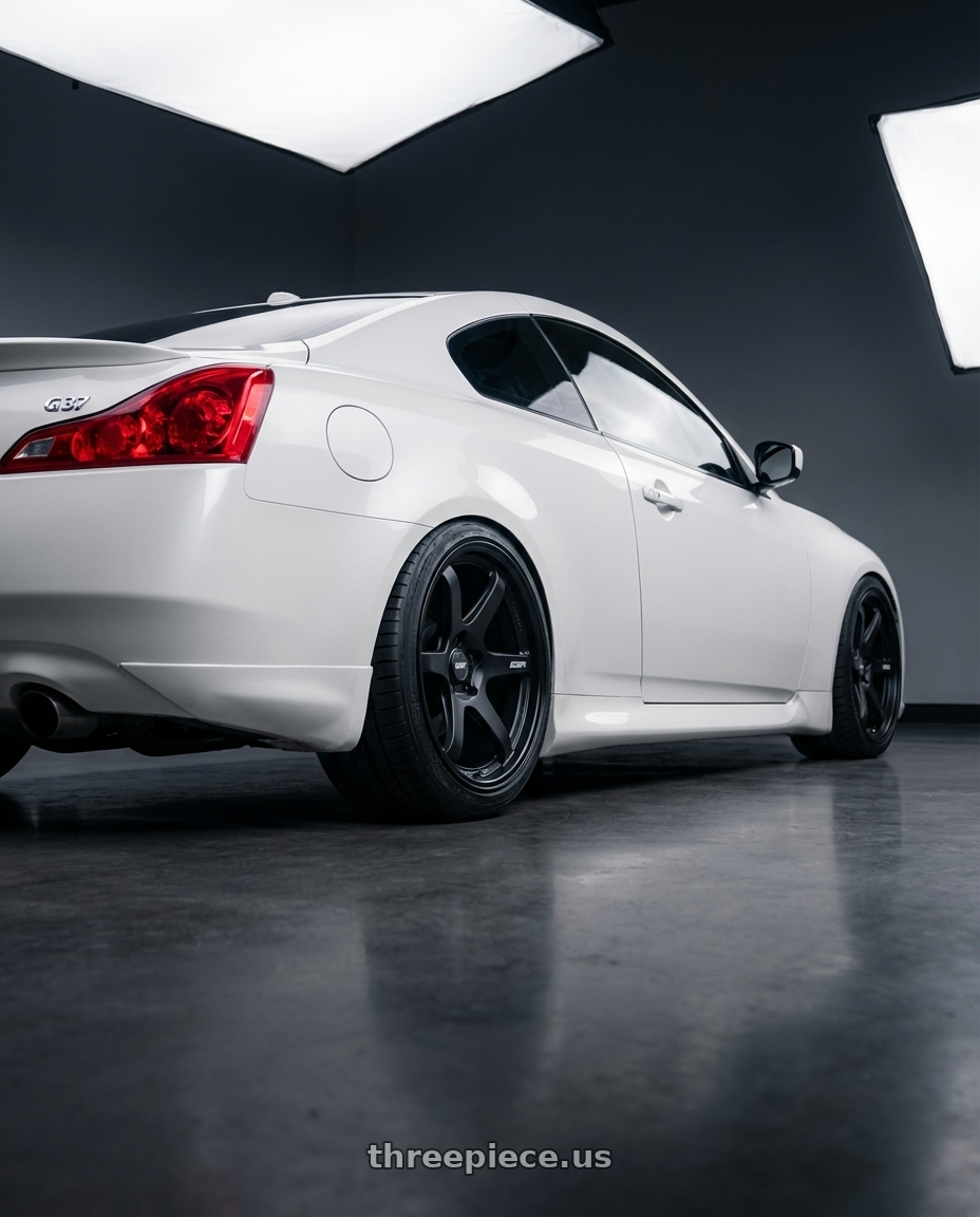 2014 Infiniti G37 Coupe with ESR Wheels APEX SERIES AP6 5x114.3 19x9.5 +22 Matte Black wheels rear three quarter view square tires