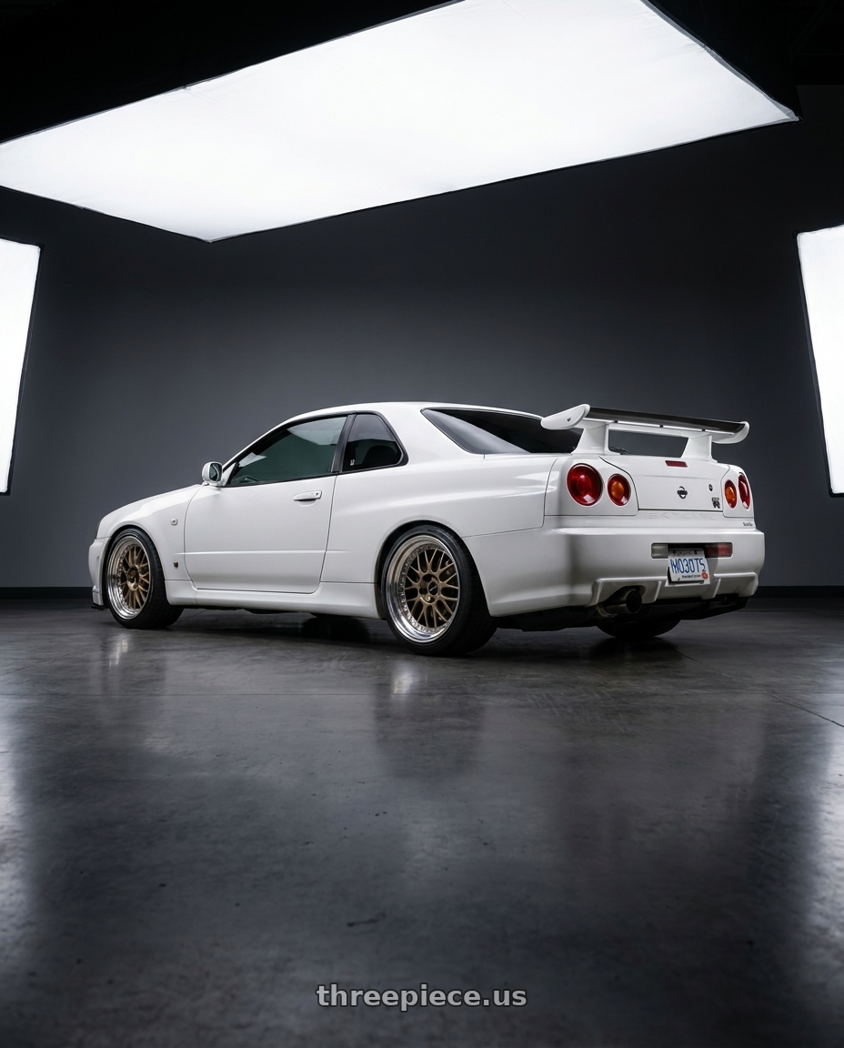 1999 Nissan Skyline with Work Meister M1 3p 5x114.3 18x8+38 O Disk Titanium Gold wheels rear three quarter view slight stretch tires