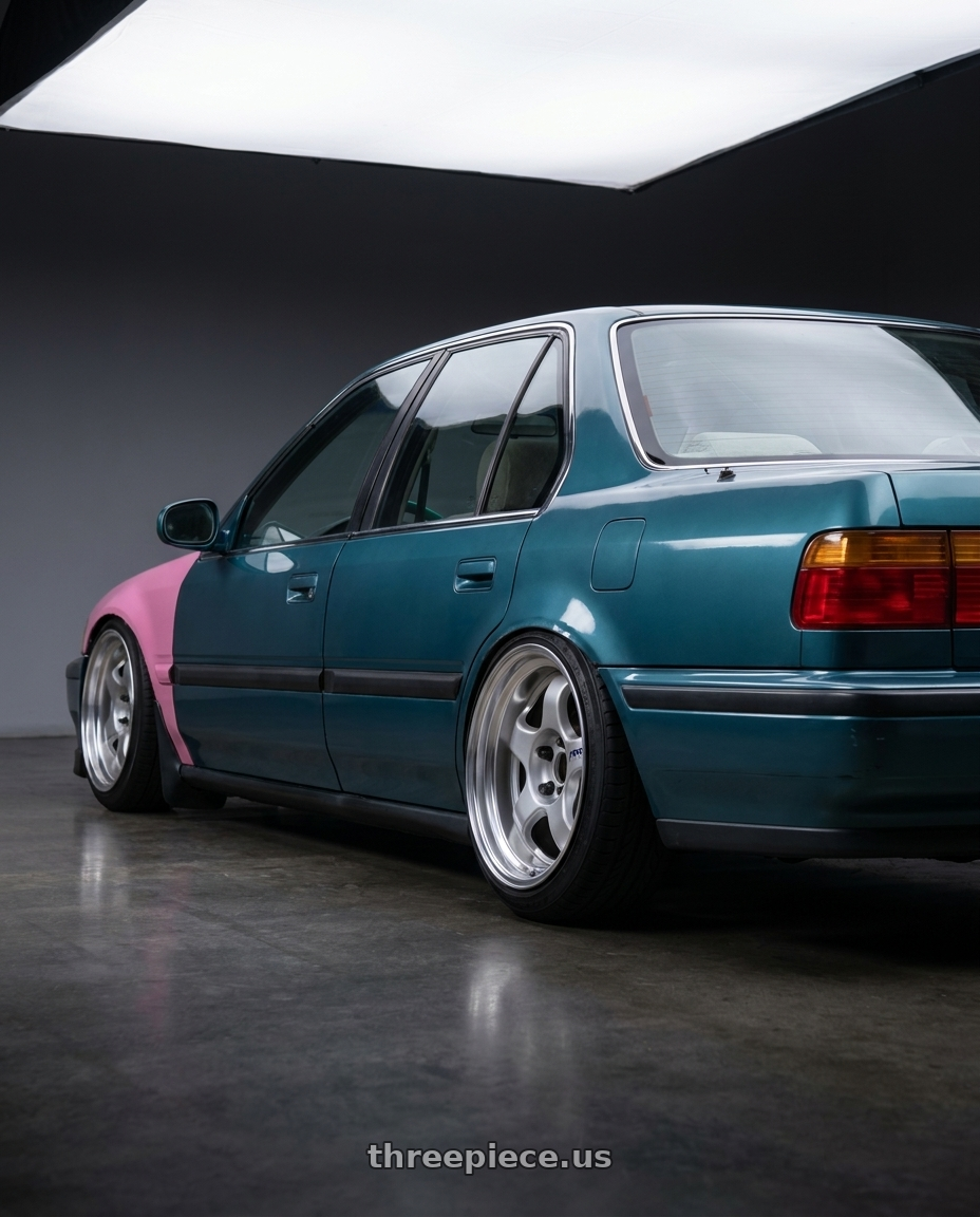 1991 Honda Accord Ex Sedan with Work Meister S1 2P 4x114.3 15x6.5+38 A Disk Silver wheels rear three quarter view slight stretch tires