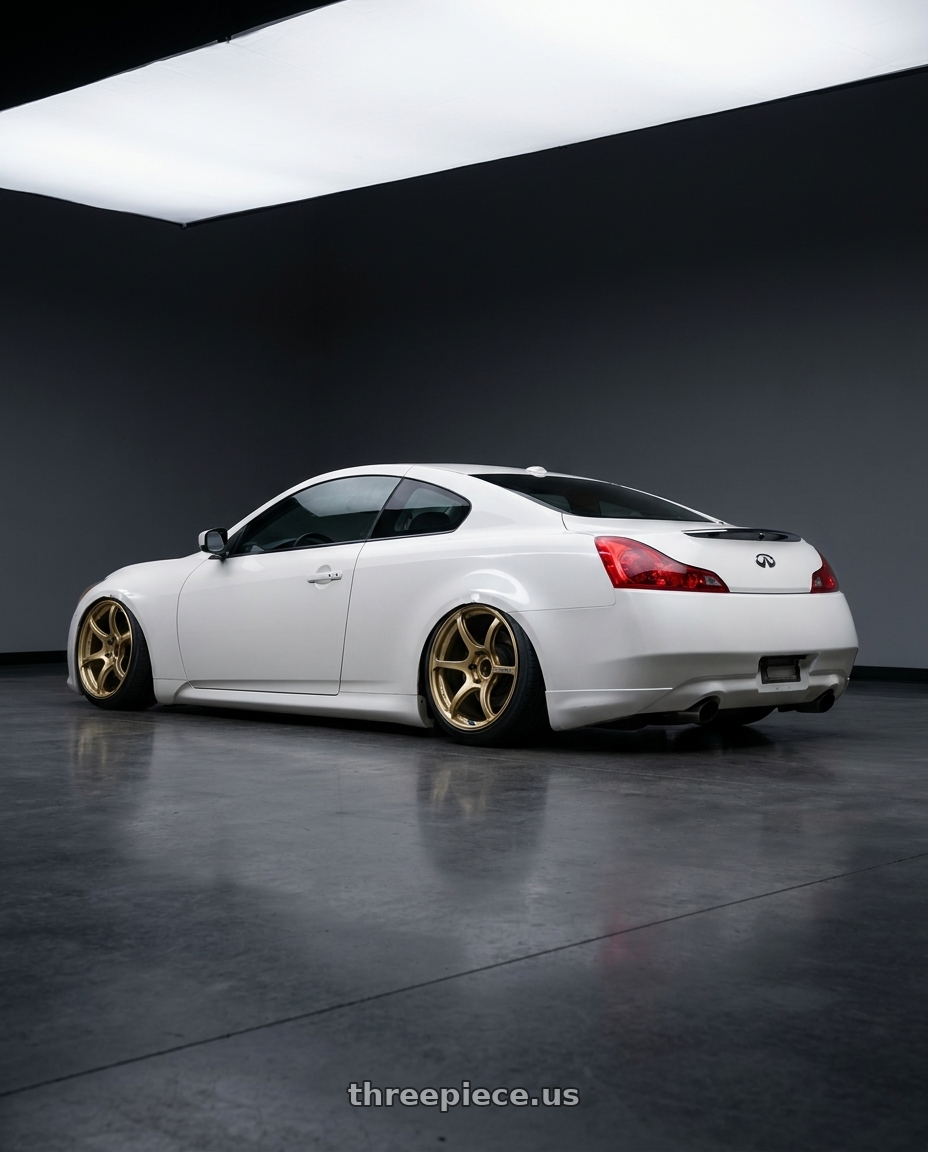 2014 Infiniti G37 Coupe with Advan RGIII 5x114.3 19x10.5+25 Gold wheels rear three quarter view slight stretch tires