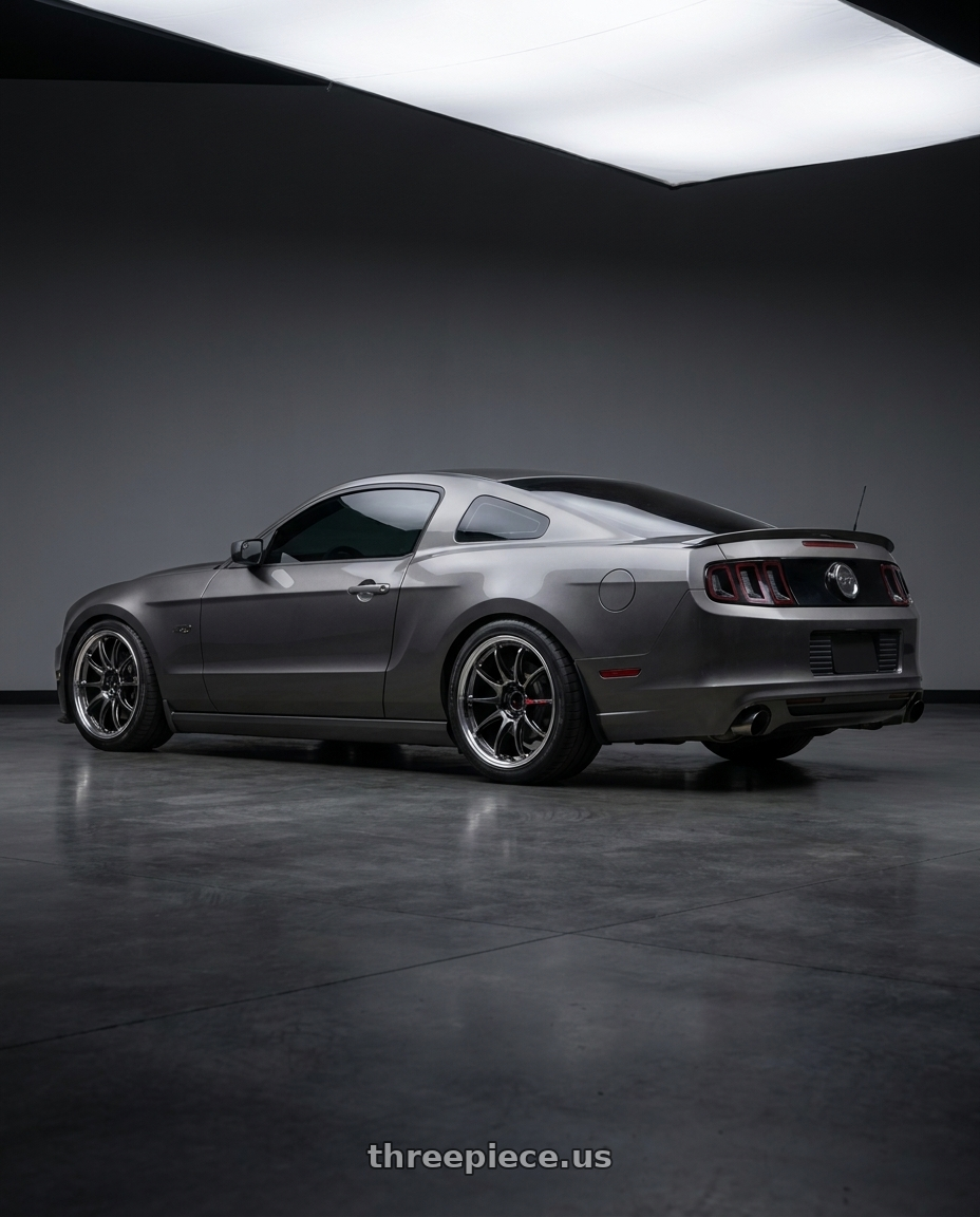 2014 Ford Mustang GT with Work Emotion Zr10 5x114.3 19x8.5 +38 Glim Black Diamond Rim cut wheels rear three quarter view square tires