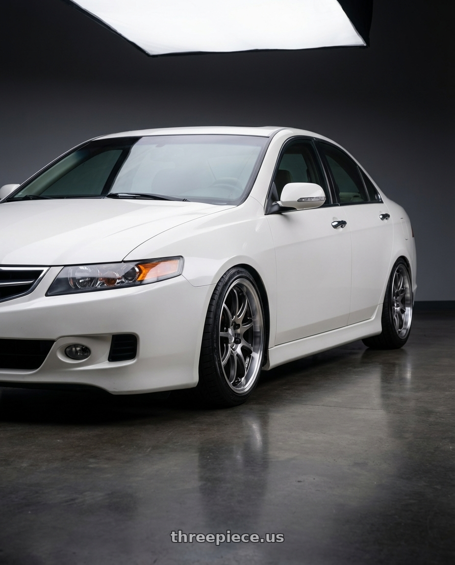 2003 Acura Tsx with Work Emotion D9r 5x100 18x10.5 +15 Gt Silver Rim Cut wheels front three quarter view lowered stance