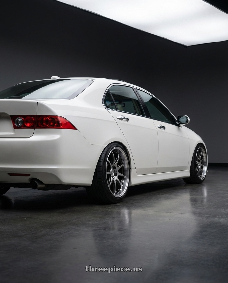 2003 Acura Tsx with Work Emotion D9r 5x100 18x10.5 +15 Gt Silver Rim Cut wheels rear three quarter view slight stretch tires