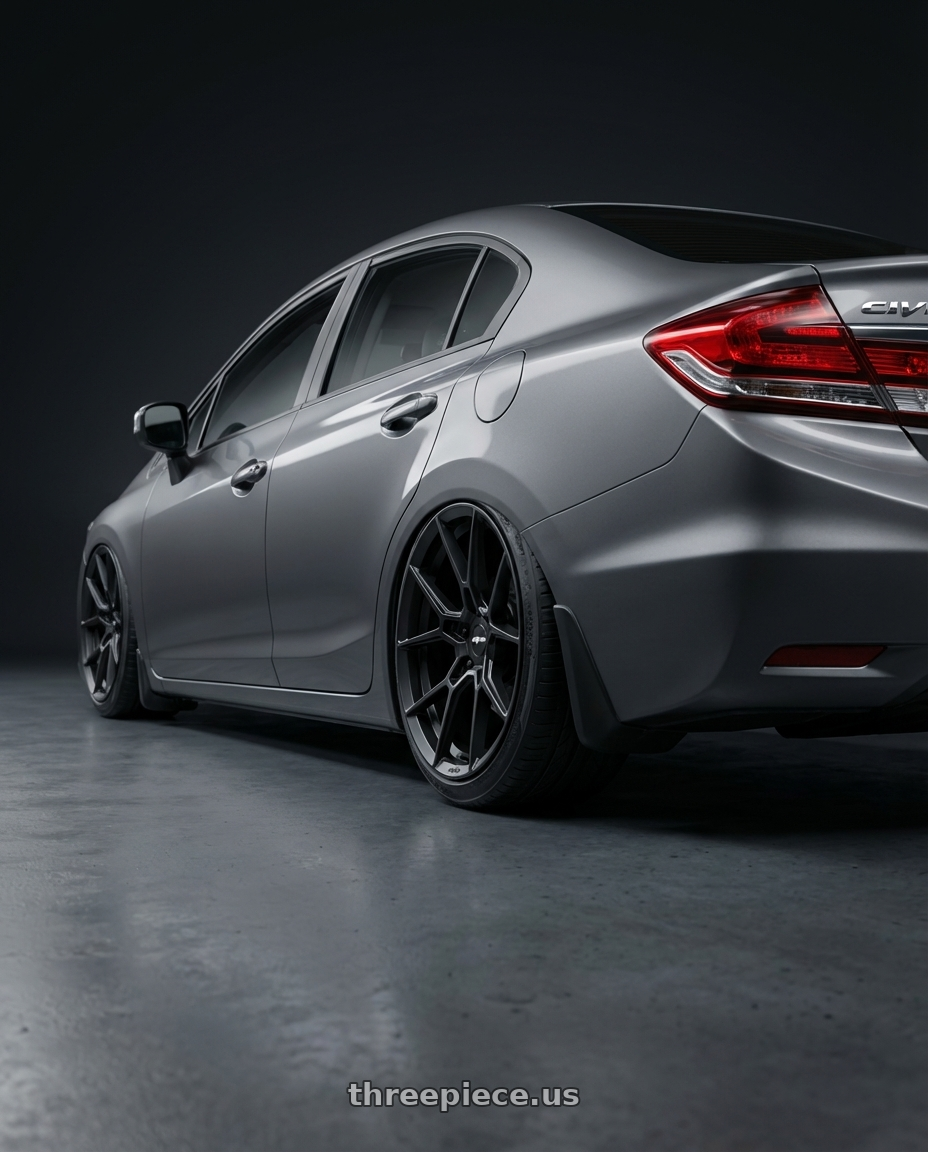 2013 Honda Civic LX with Rotiform RC199 KPR 5X120 20x9 +38 SATIN BLACK wheels rear three quarter view extreme stretch tires