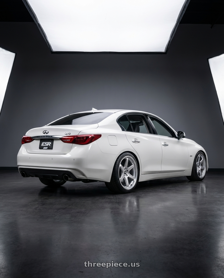 2020 Infiniti Q50 with ESR Wheels APEX SERIES APX6 5x114.3 19x11 +36 Hyper Silver wheels rear three quarter view square tires