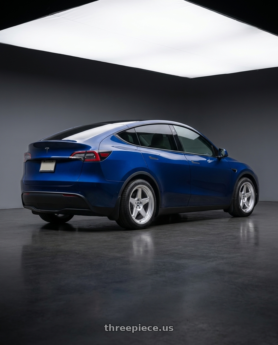 2022 Tesla Model Y with ESR Wheels CR SERIES CR5 5x100 18x10.5 +22 Hyper Silver wheels rear three quarter view square tires