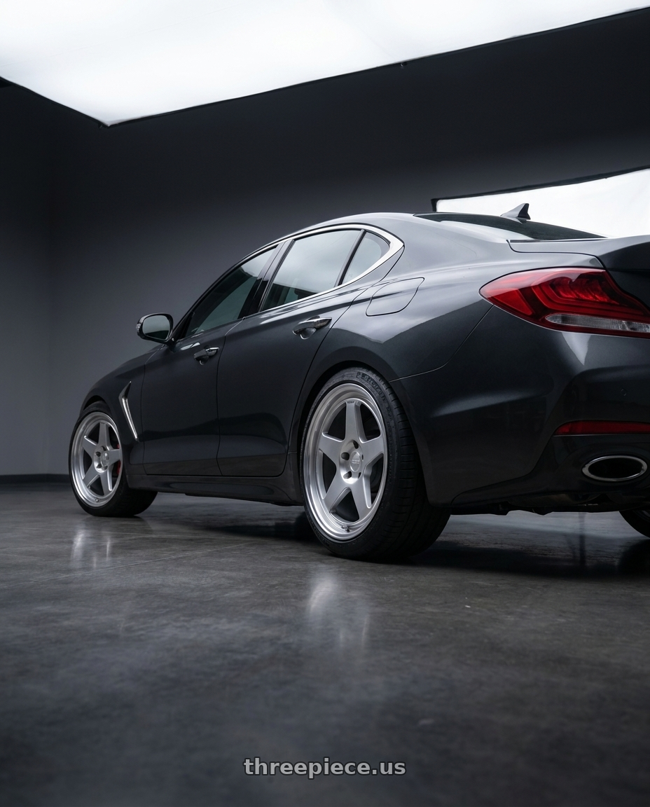 2019 Genesis G70 with Kansei K12H KNP 5X100 18x9 35 Hyper Silver wheels rear three quarter view slight stretch tires
