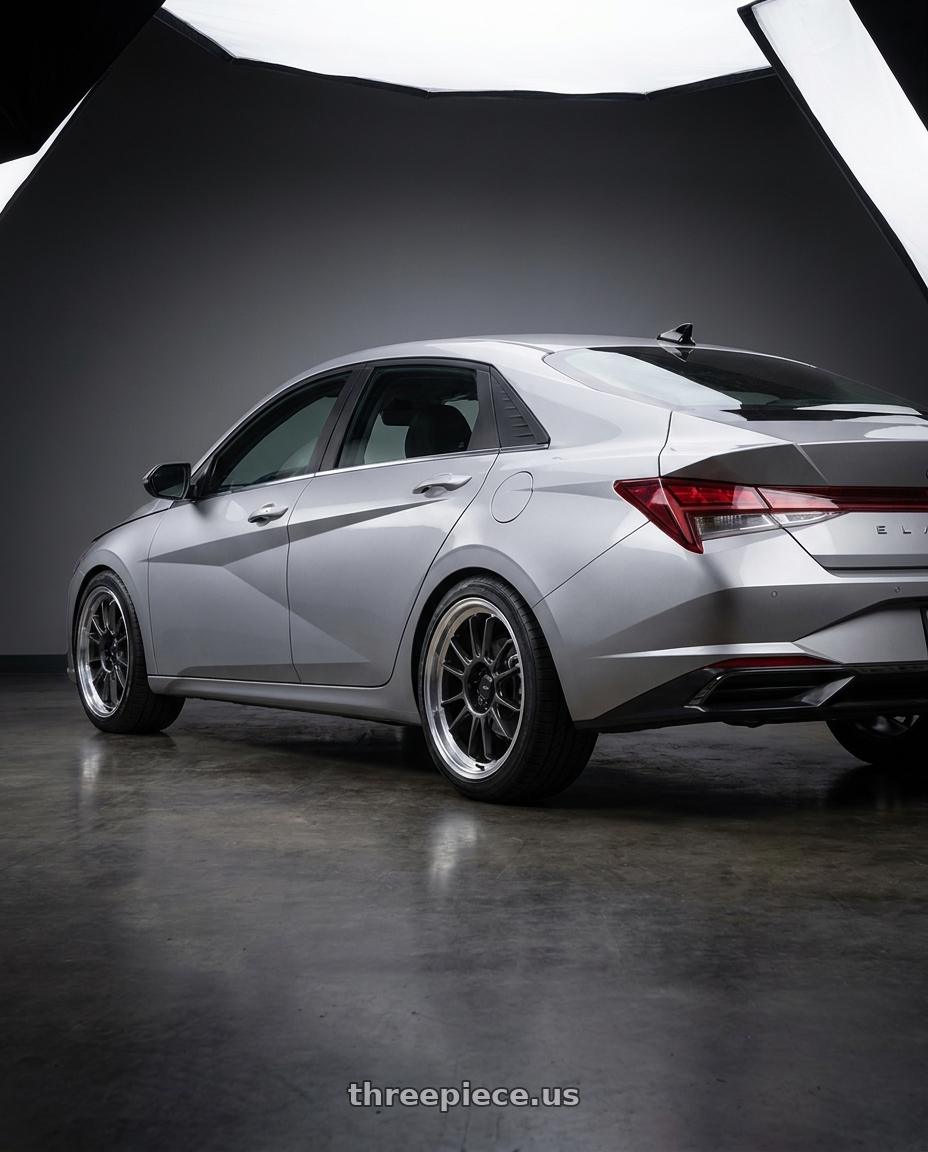 2021 Hyundai Elantra Limited with Konig Hypergram 5x114.3 17x8+45 Metallic Carbon w/ Machined Lip wheels rear three quarter view square tires