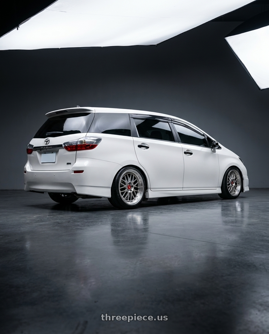 2014 toyota wish white with BBS LM 5x114.3 19x8.5+43 Diamond Silver wheels rear three quarter view slight stretch tires