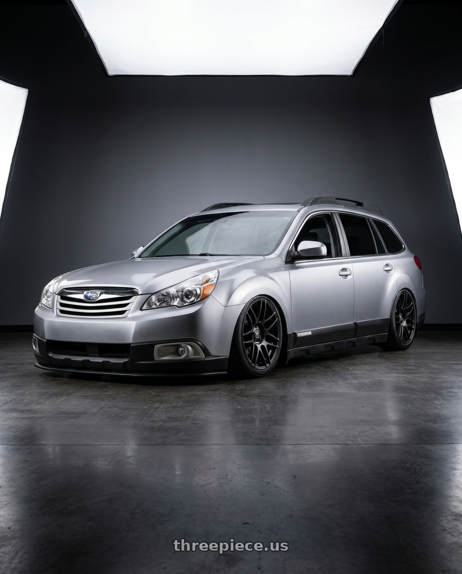2012 Subaru Outback with Forgestar F14C 5x100 18x8.5 +38 Satin Black wheels front three quarter view stanced stance
