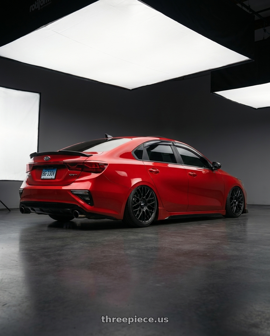 2020 KIA FORTE GT with Rotiform RC204 PHX 5X120 20x10 +40 MATTE BLACK wheels rear three quarter view slight stretch tires