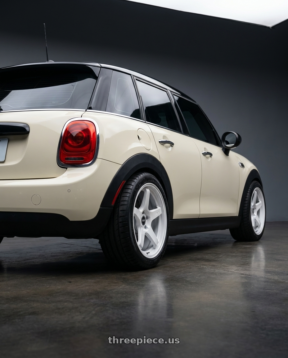 2015 mini cooper 5 door with ESR Wheels APEX SERIES APX5 5x100 18x8.5 +30 Gloss White wheels rear three quarter view meaty tires