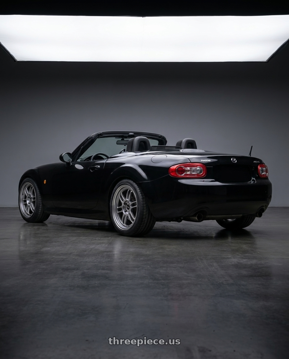 2007 Mazda MX-5 Miata with Vors TR37 5x114.3 17x8 +35 Hyper Black wheels rear three quarter view square tires