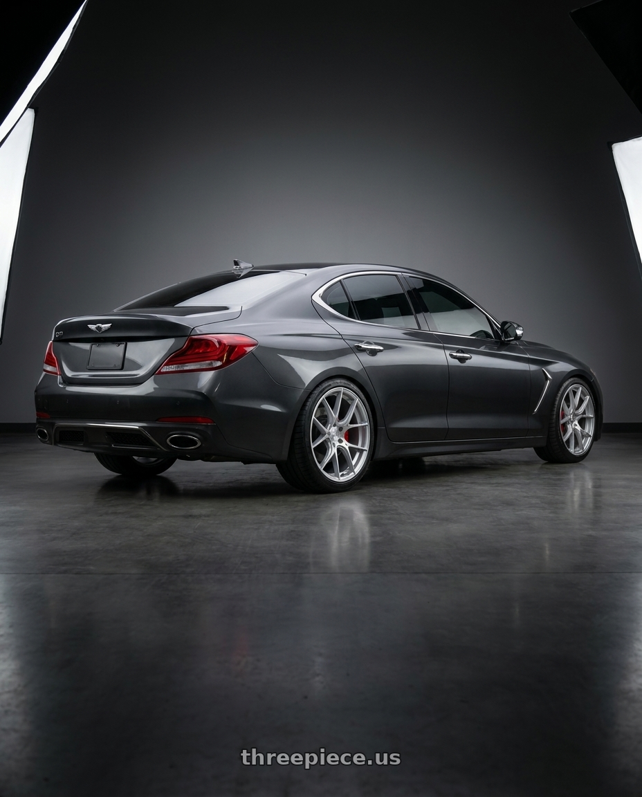2019 Genesis G70 with Aodhan AH-11 5x120 18x9.5+35 Gloss Silver Machined Face wheels rear three quarter view square tires