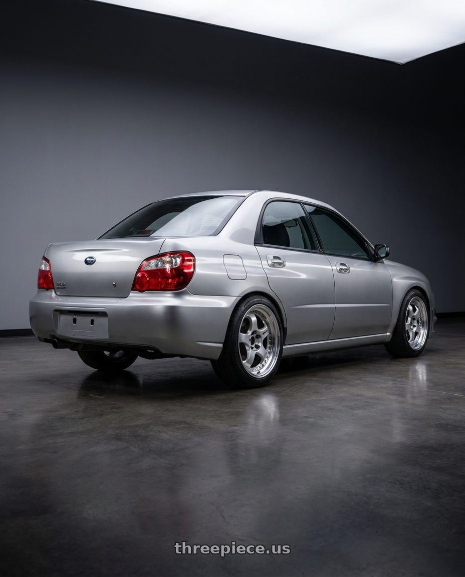 2007 Subaru Impreza 2 5i with Work Meister S1 3P 5x100 17x8+48 W Disk Silver wheels rear three quarter view square tires