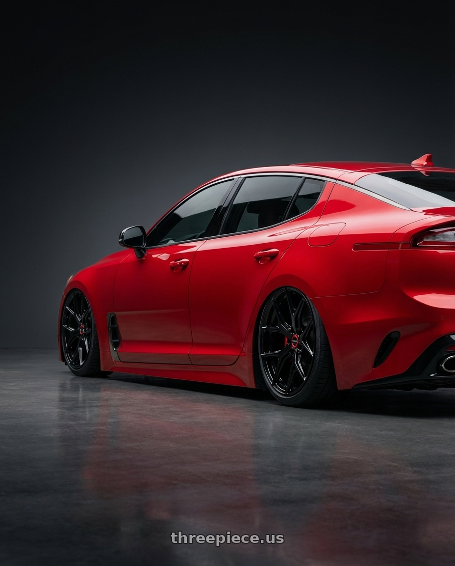 2022 Kia Stinger GT with Vossen HF-5 19x8.5 / 5x114.3 / ET32 / Flat Face / 73.1 - Gloss Black Wheel - HF5-9N60 wheels rear three quarter view slight stretch tires