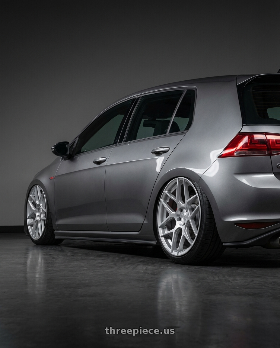 2019 Volkswagen GTI MK7 with Aodhan AFF2 5x112 19x9.5+35 Gloss Silver Machined Face wheels rear three quarter view slight stretch tires