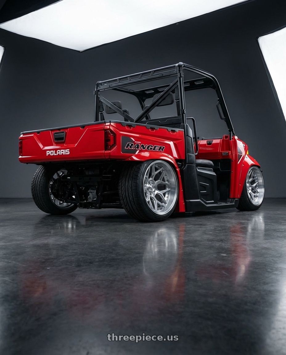 2017 polaris ranger 1000xp, red with 4PLAY 4P06 5x127/5x139.7 20x10-18 Brushed wheels rear three quarter view slight stretch tires