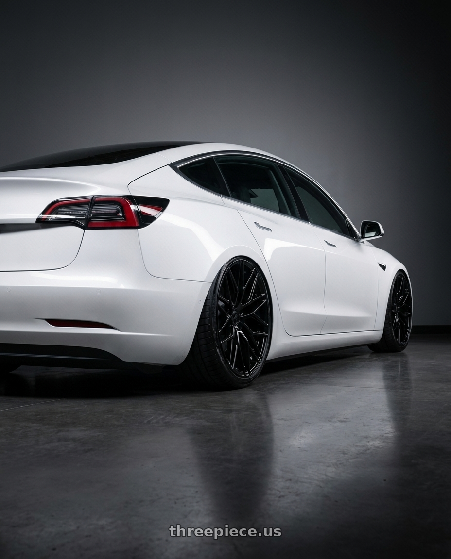 2023 Tesla Model 3 with Avant Garde Wheels M520R 5X114.3 19x9.5 +40 Gloss Black wheels rear three quarter view slight stretch tires
