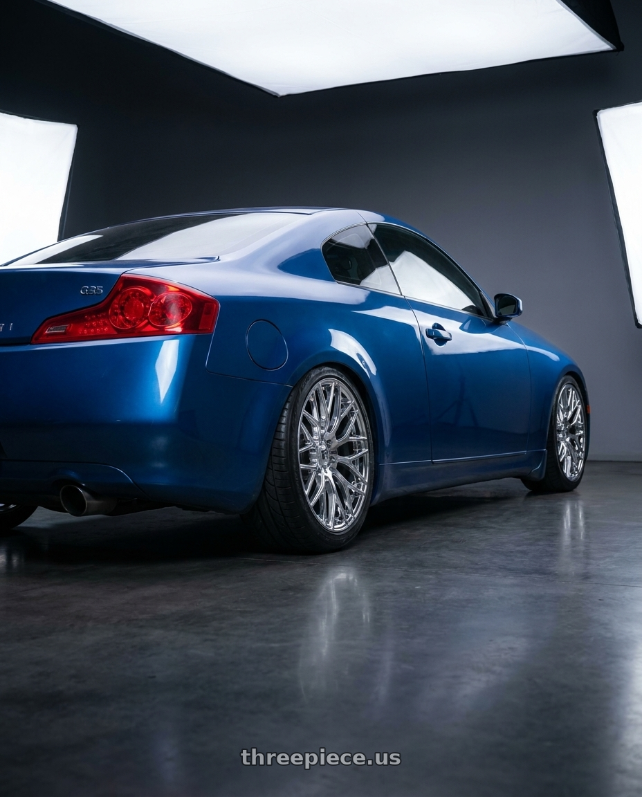 2006 Infiniti g35 coupe with TOUREN TR76 3276 5x114.3 18x8 +35 CHROME wheels rear three quarter view meaty tires