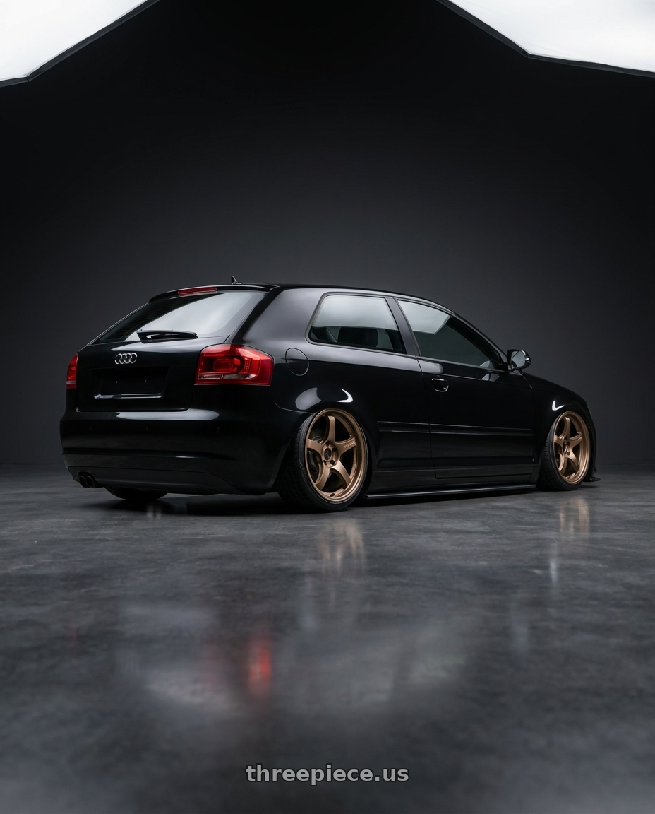2012 Audi A3 8P with Gram Lights 57CR 5x112 19x9.5+25 Bronze II wheels rear three quarter view slight stretch tires