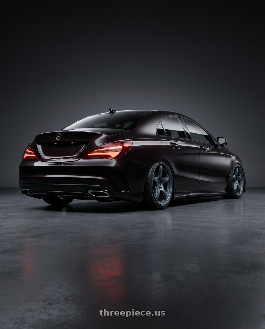 2018 Mercedes-Benz CLA C117 with Gram Lights 57CR 5x112 19x8.5+45 Gunblue II wheels rear three quarter view slight stretch tires